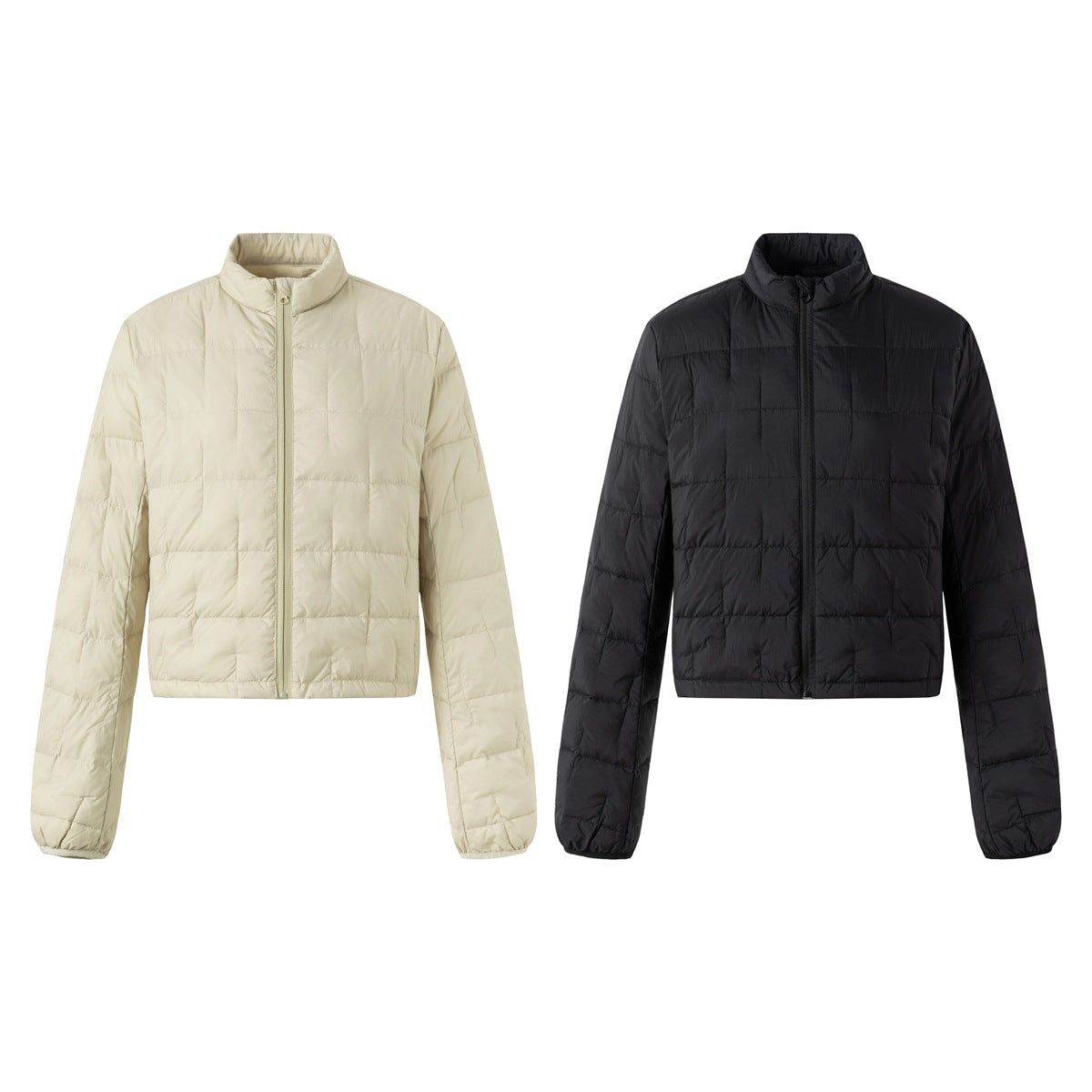 Front view of a cropped, long-sleeve quilted jacket with a stand collar and zipper, shown in beige and black.