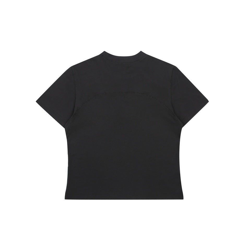 Flat-lay back view of a black short-sleeve crew-neck shirt with curved seam detailing across the upper back.