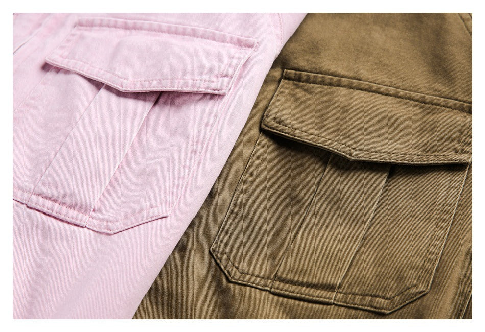 Close-up of pink and brown jackets showing large flap pockets and stitched panel details.