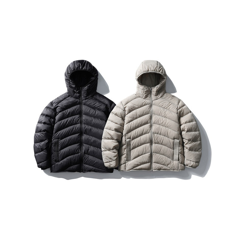 Front views of two hooded quilted jackets, one black and one light taupe, displayed side by side.