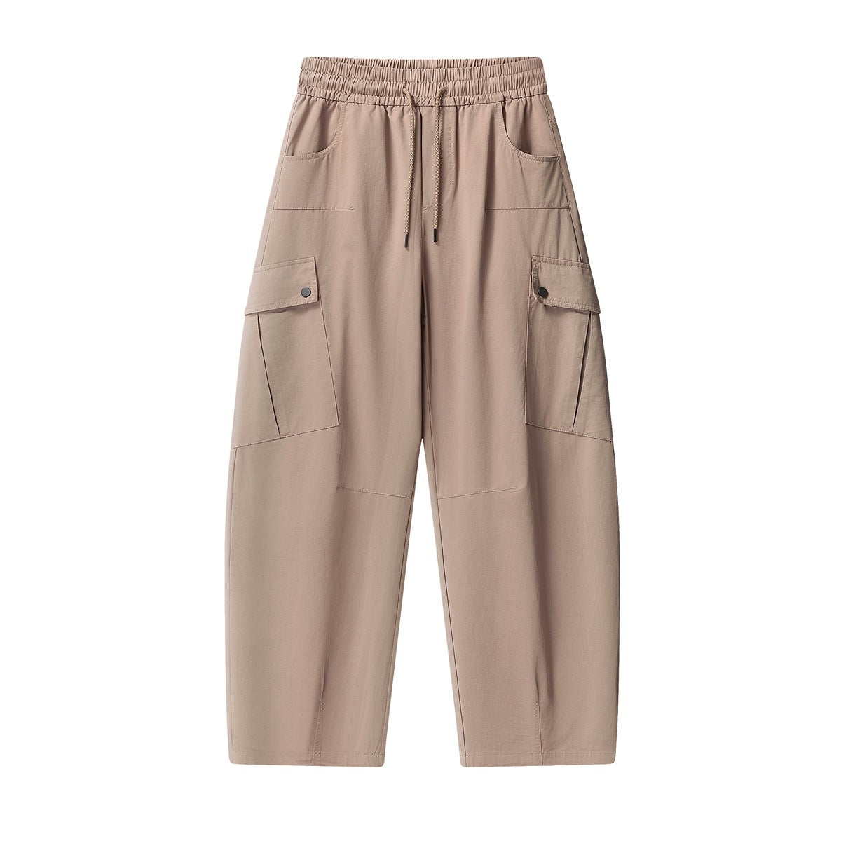 Khaki wide-leg cargo pants with drawstring elastic waist and snap-flap side cargo pockets, flat front view
