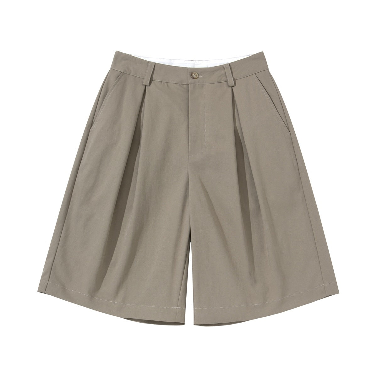Khaki pleated wide-leg knee-length shorts, flat front view with button closure and slant pockets