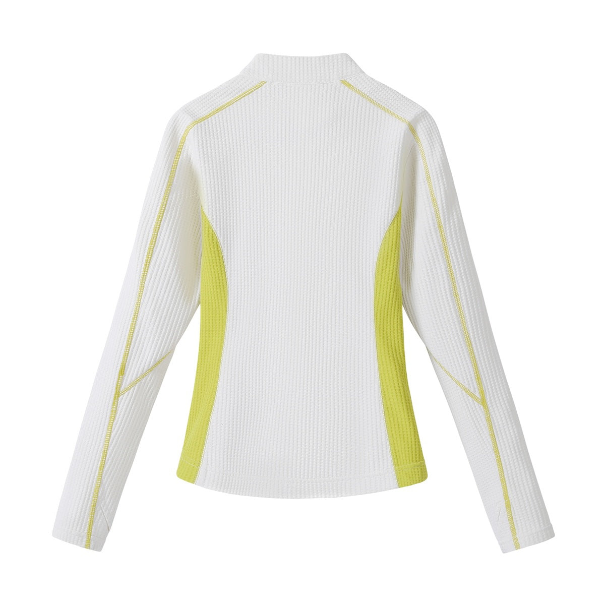 Back view of a white textured long-sleeve jacket with yellow side panels and matching seam accents.