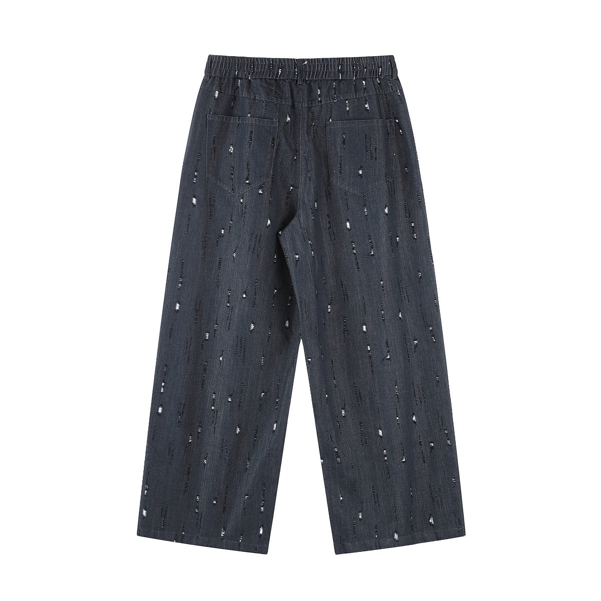 Back view of dark charcoal wide-leg trousers with an elastic waistband, two patch pockets, and scattered details.
