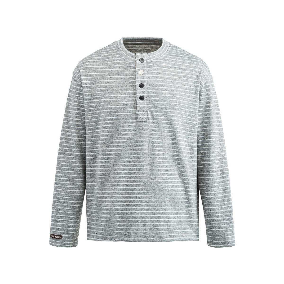 Light gray striped long-sleeve Henley top with four-button placket, front view on white background
