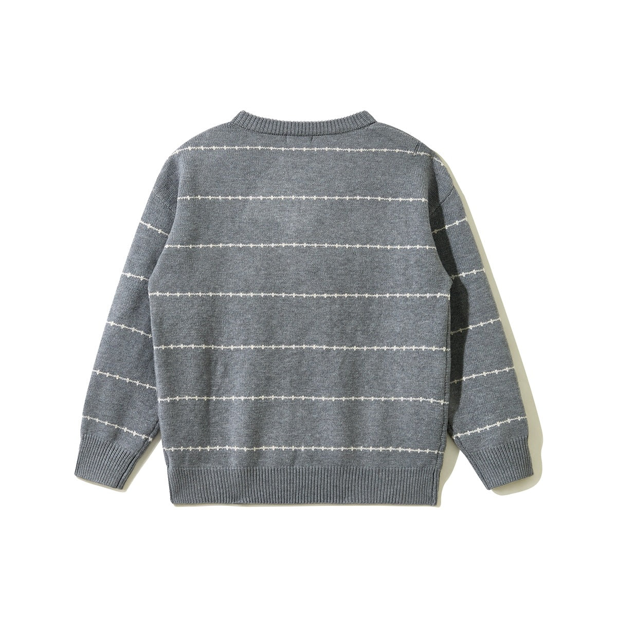 Back view of a gray crew-neck sweater with thin cream horizontal stripes and ribbed cuffs and hem.