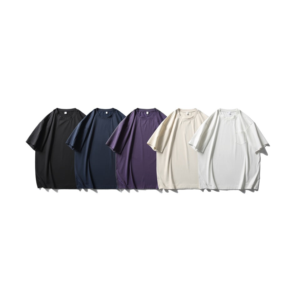 Five short-sleeve crew-neck T-shirts displayed together in black, navy, purple, cream and white.