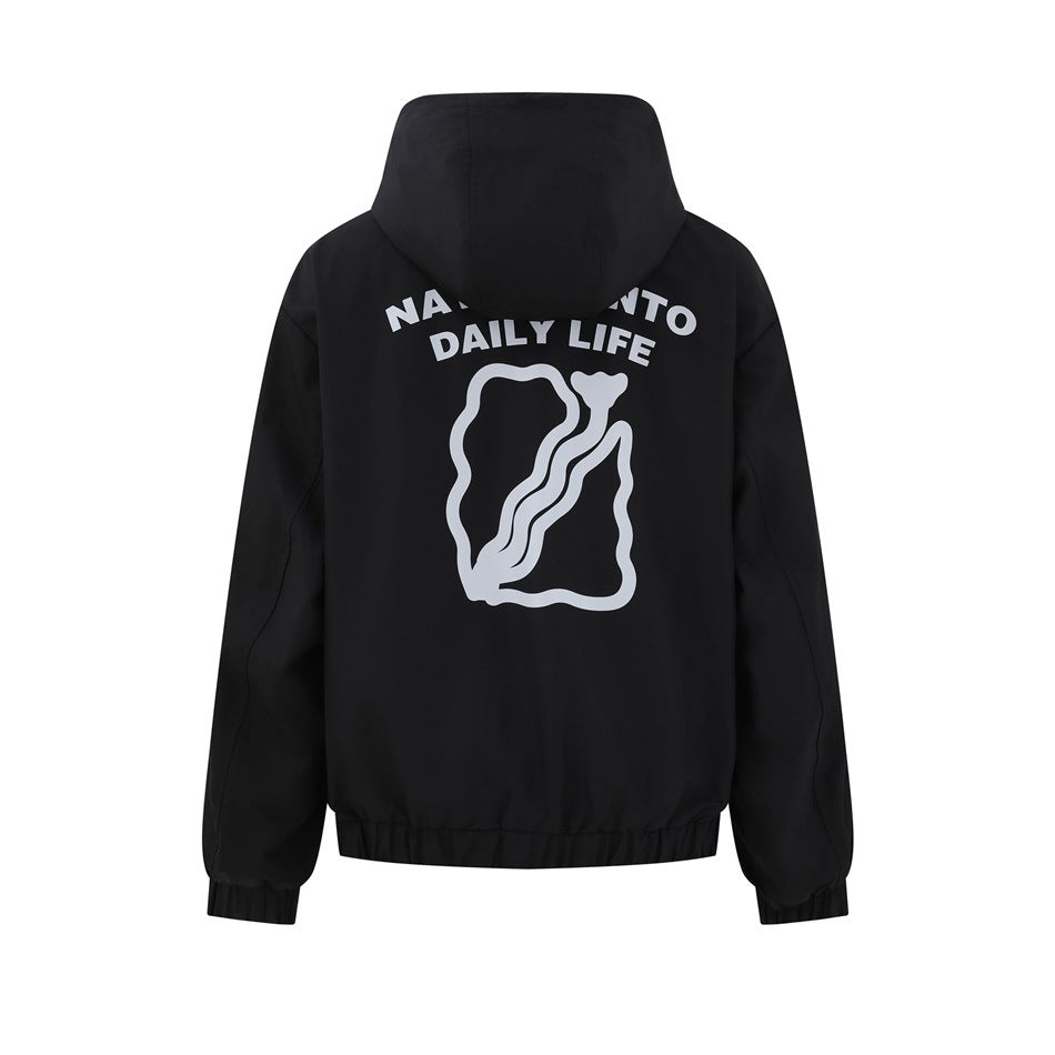 Black hooded jacket back view with large gray wavy graphic and DAILY LIFE text, elastic hem and cuffs