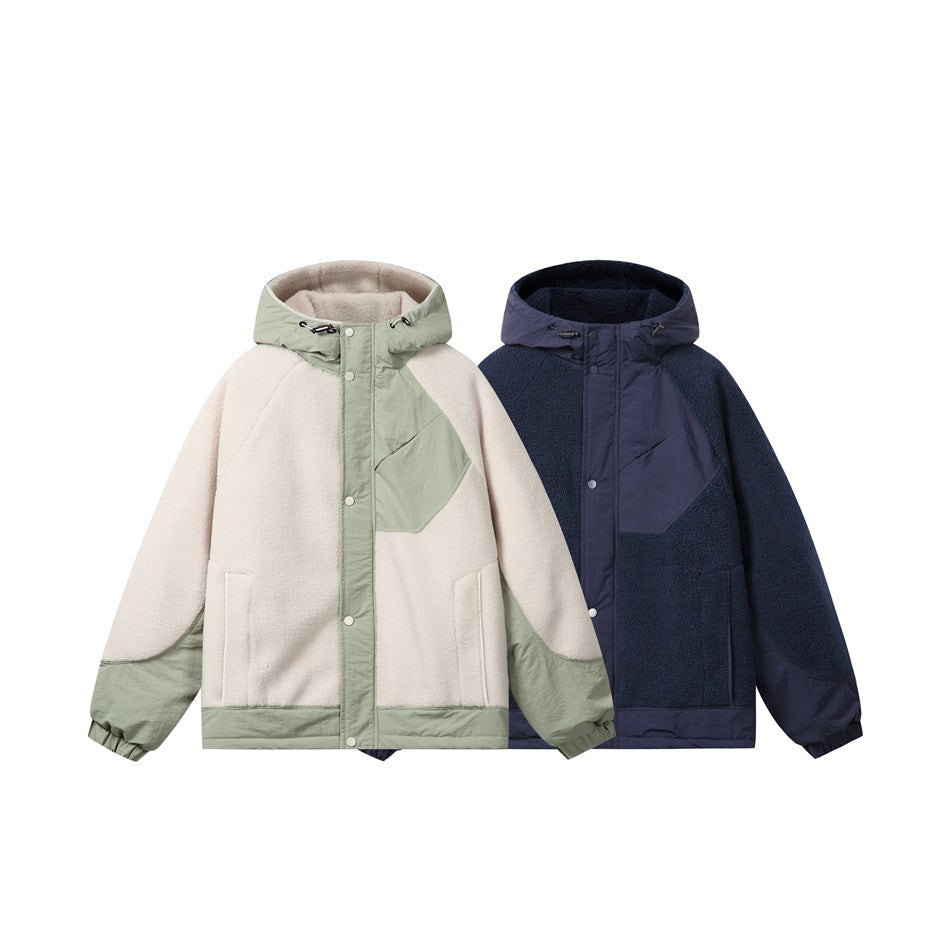 Two hooded color-block jackets shown from the front: cream and sage green, and navy blue.