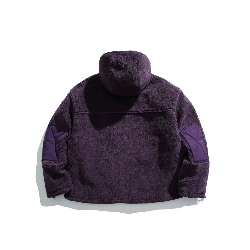 Back view of a deep purple hooded fleece jacket with matching elbow patches and a horizontal shoulder seam.