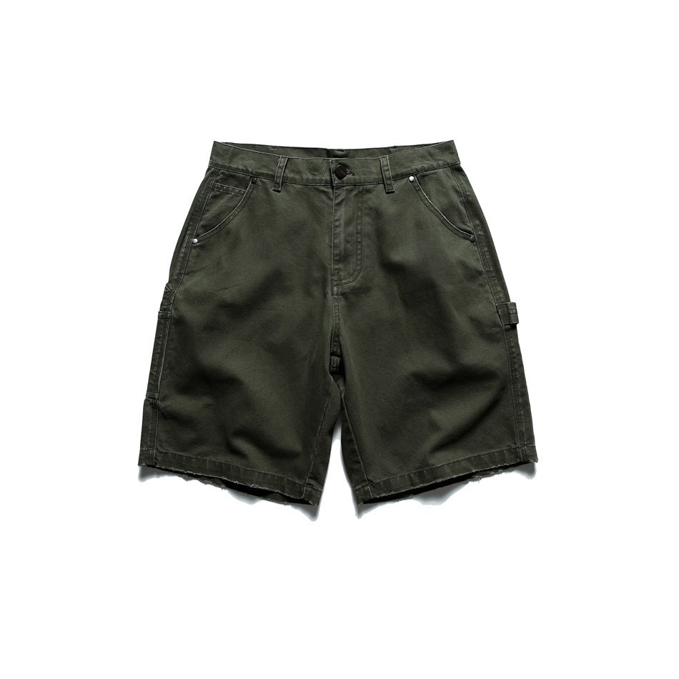 Army green carpenter-style knee-length shorts, flat lay front view with button fly and frayed hem