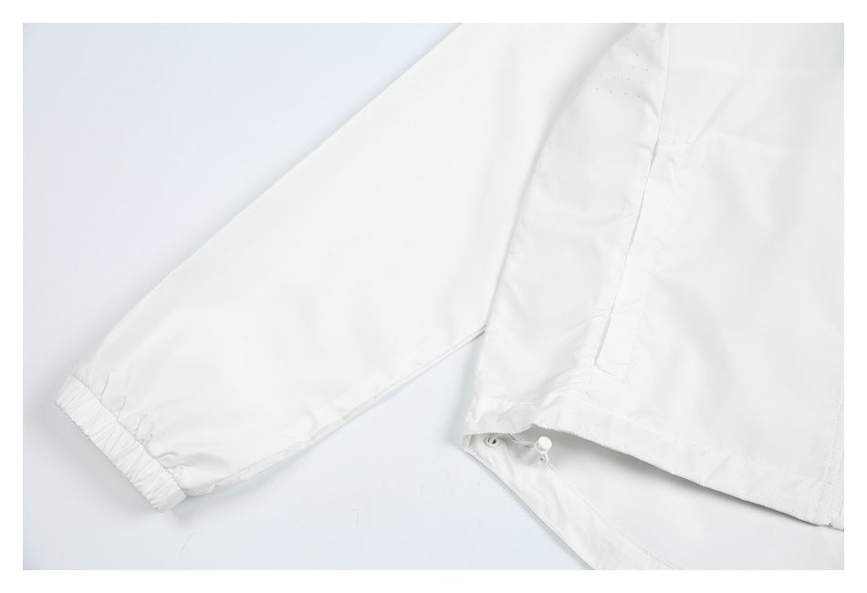 Close-up of a white jacket sleeve with an elastic cuff beside the lower hem and drawcord area.