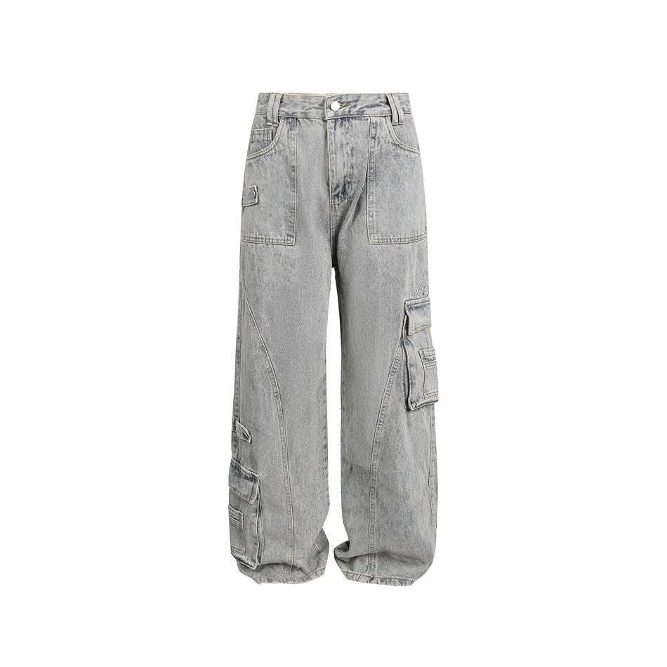 Washed light blue-gray wide-leg denim cargo jeans flat front view with side flap pockets