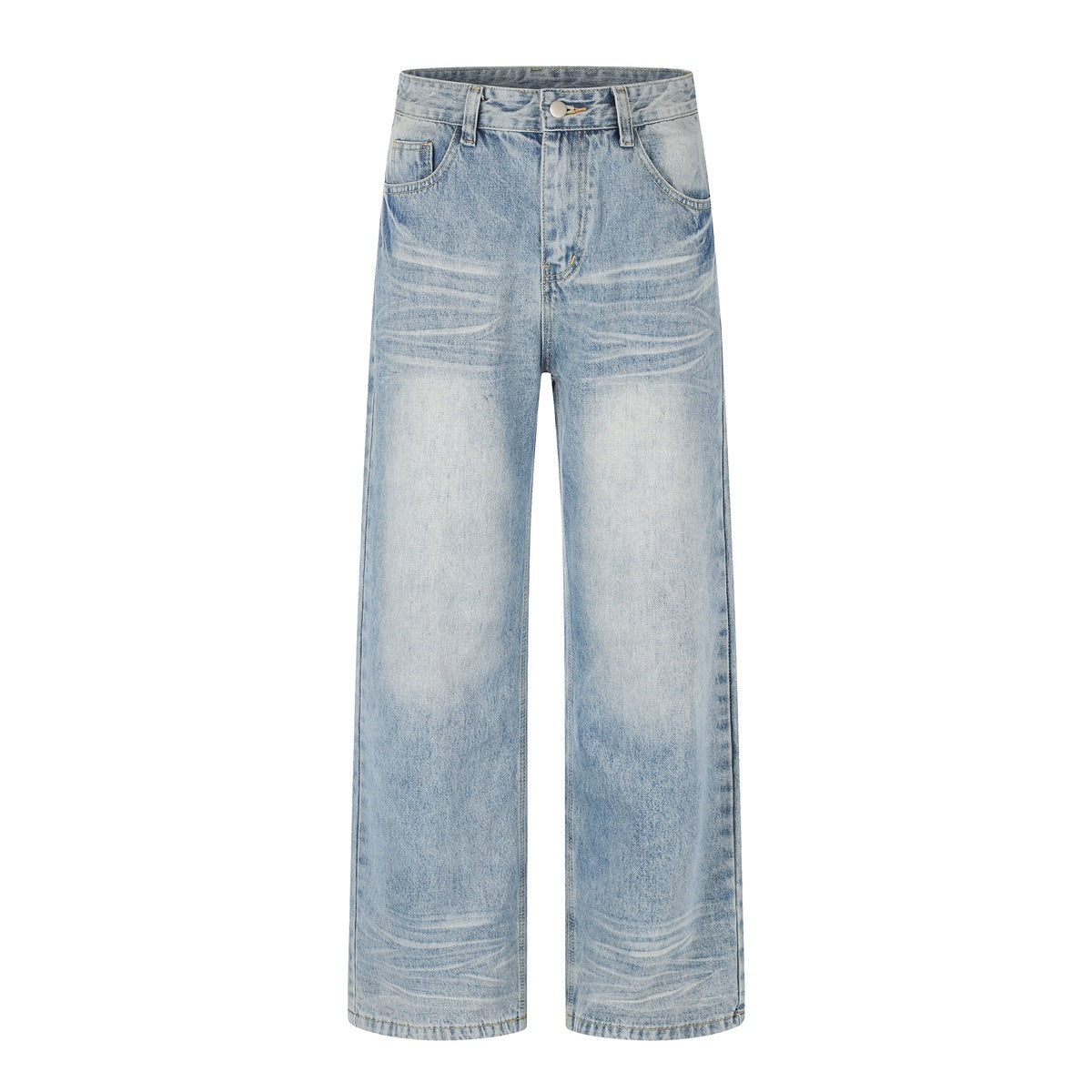 Front of light blue washed wide-leg jeans with whiskering, fading and a button fly