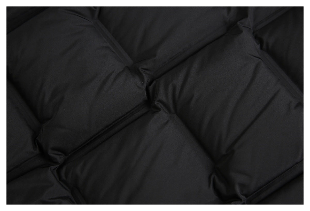 Close-up of the black jacket's padded, stitched quilt sections.