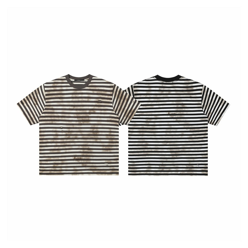 Flat-lay views of the front and back of a short-sleeve black-and-cream striped T-shirt with distressed marks.
