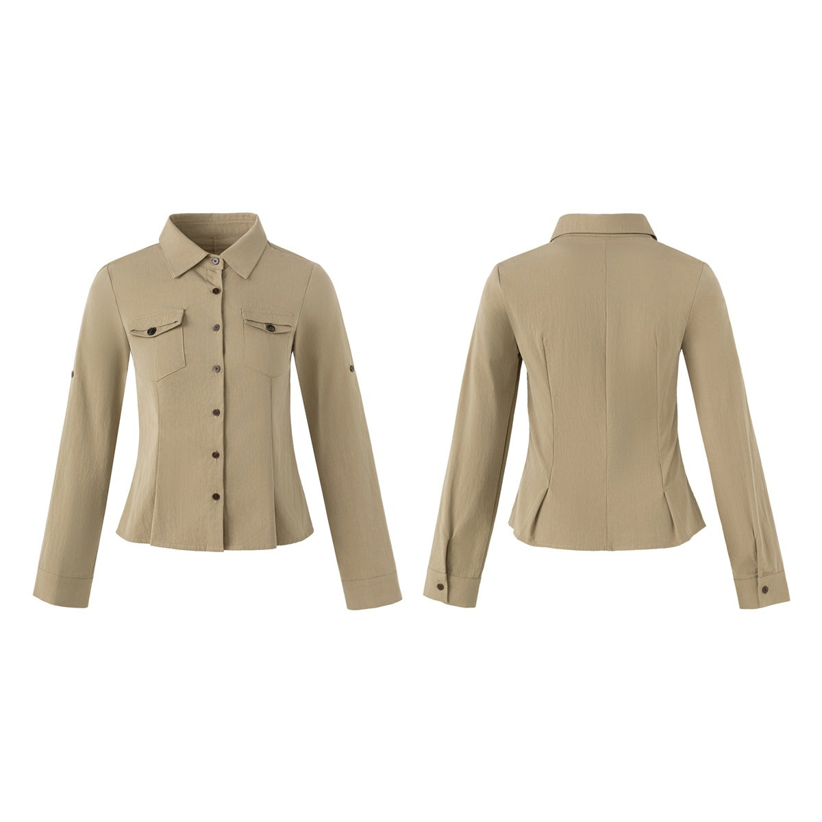 Khaki long-sleeved button-up shirt shown from the front and back, with two flap chest pockets and a shaped waist.