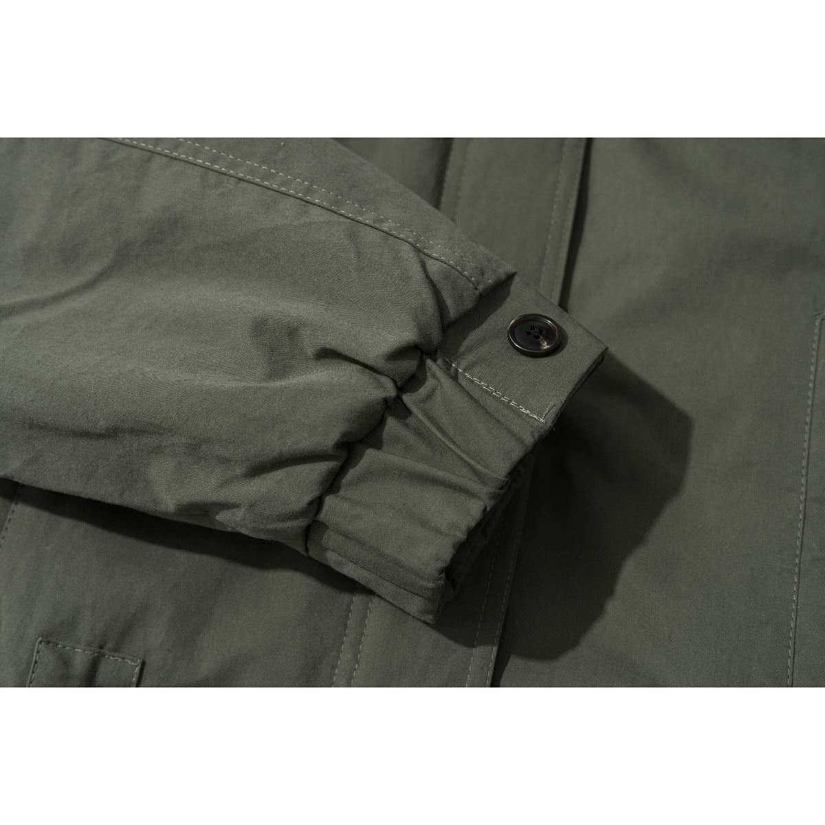 Close-up of an olive jacket sleeve cuff with a dark button and visible stitching.