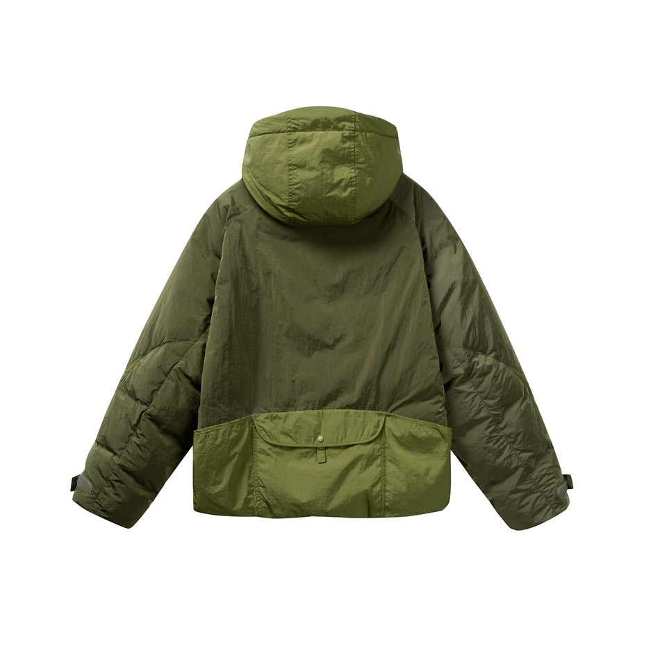 Back view of an olive hooded jacket with a large flap pocket across the lower back.