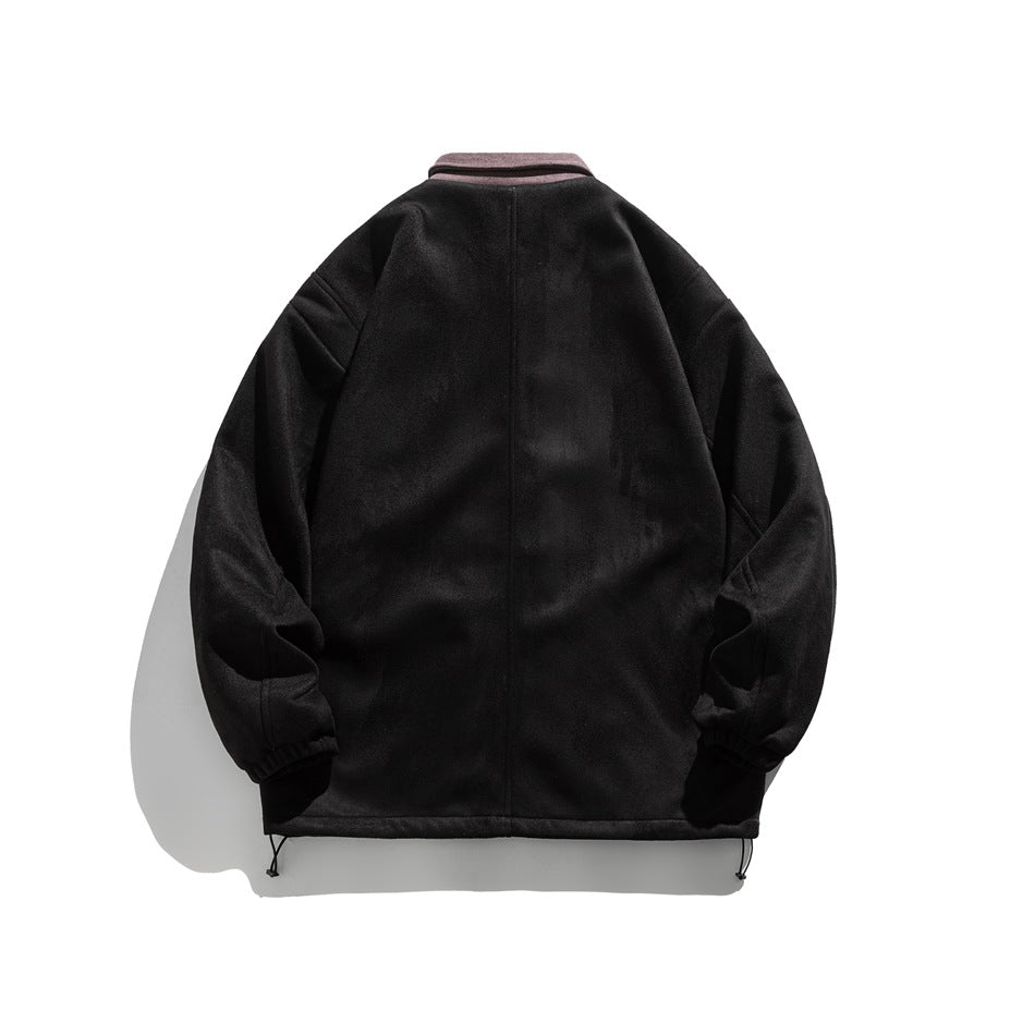 Back view of a black jacket with a muted mauve collar, gathered cuffs, and drawcords at the hem.