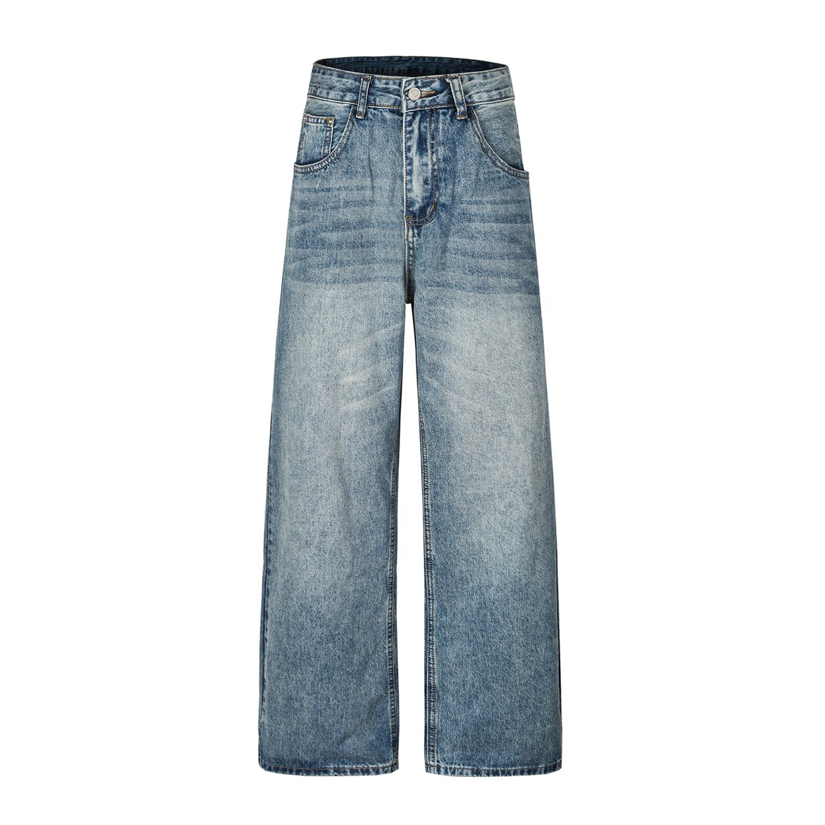 Washed blue wide-leg jeans with faded whiskering, front view on a plain white background