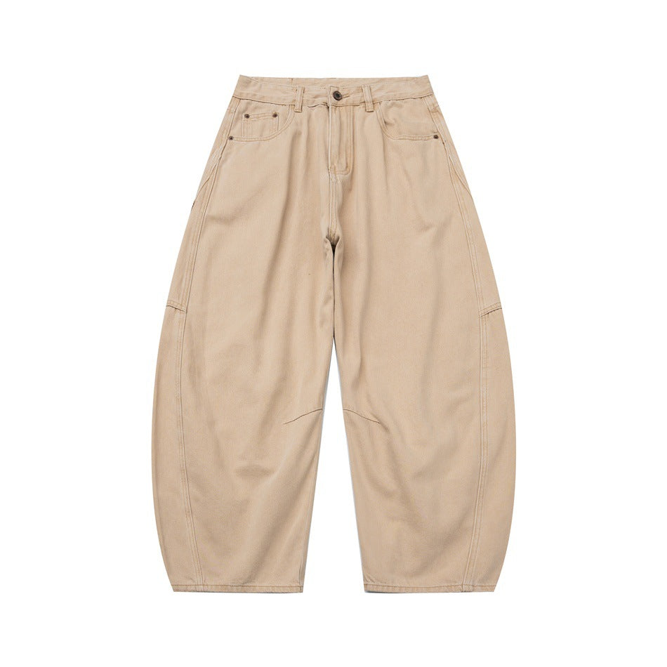 Khaki wide-leg barrel pants, front flat view with button waist, belt loops and front pockets