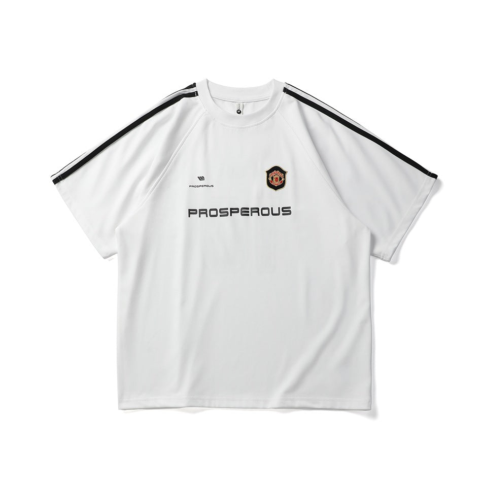 White short-sleeve raglan T-shirt with black shoulder stripes, chest crest and PROSPEROUS print, front view