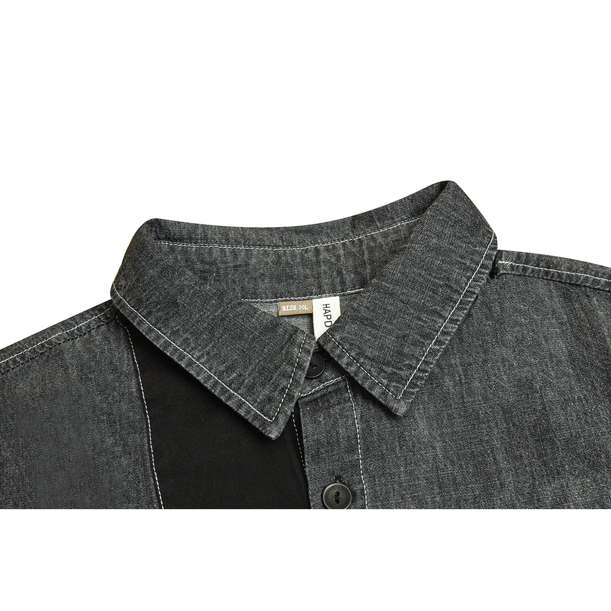 Close-up of a charcoal gray button-up shirt collar with contrasting white stitching and a black placket.