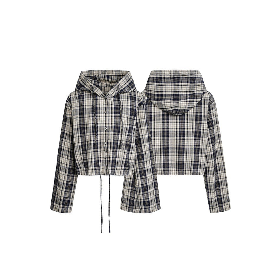 Gray plaid cropped hooded shirt shown from the front and back, with buttons, long sleeves, and a drawstring hem.