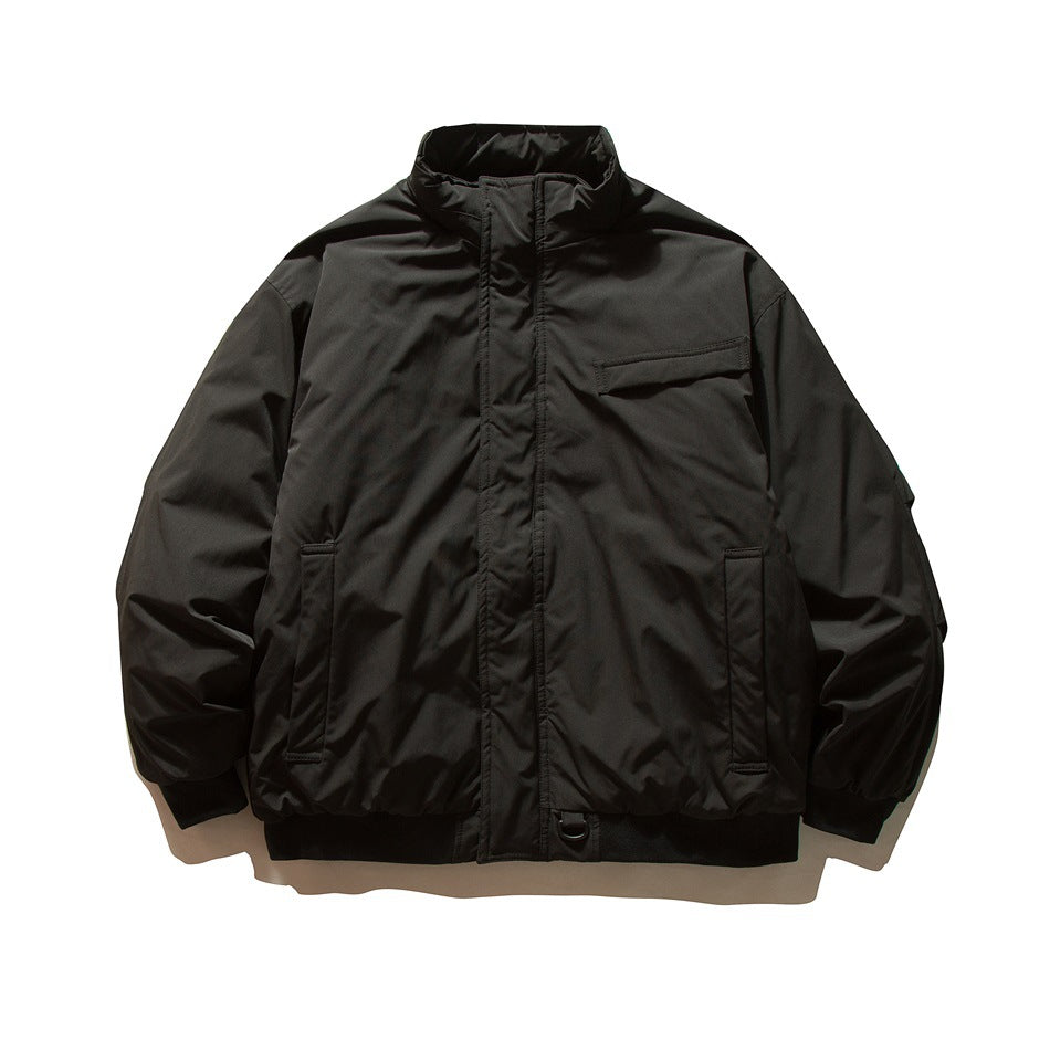 Black padded-look bomber jacket with stand collar, zip front, chest flap pocket and ribbed hem, flat lay front view