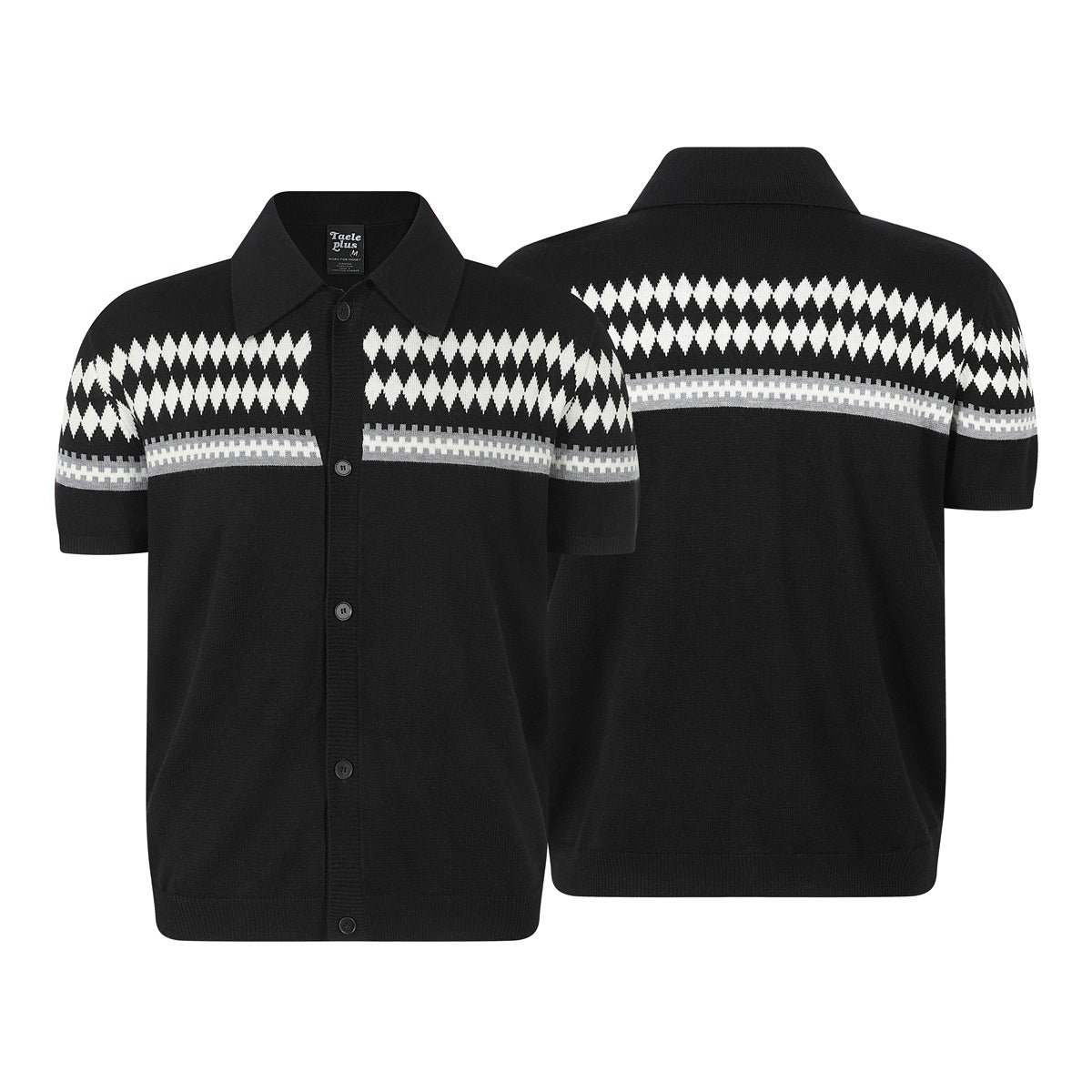 Front and back views of a black short-sleeve collared knit shirt with buttons and white and gray geometric bands.
