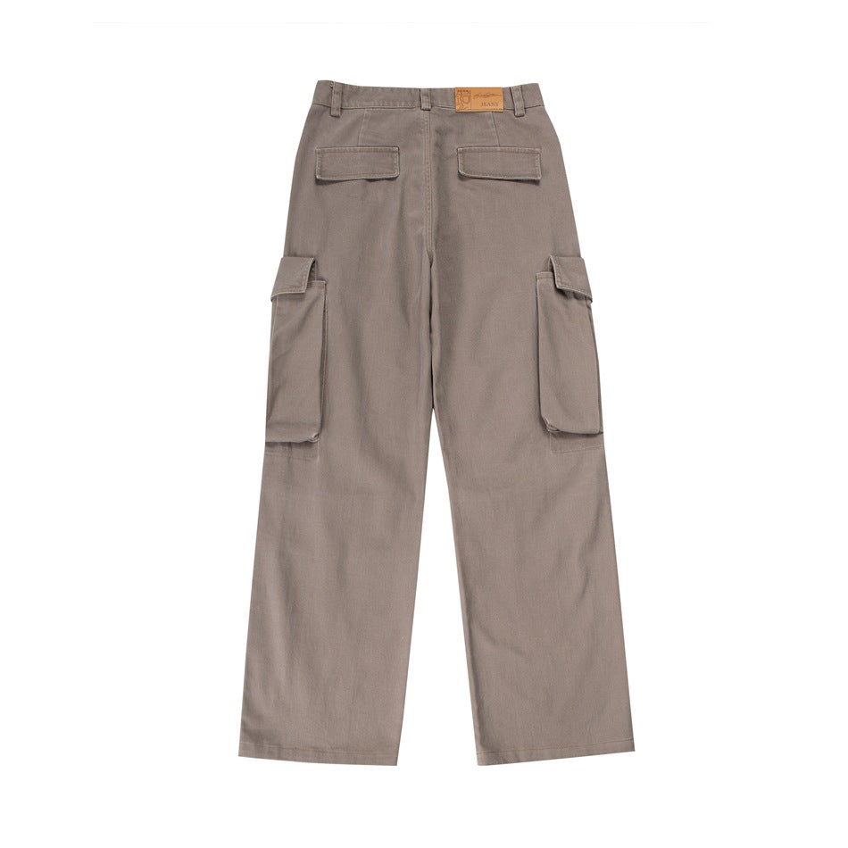 Back view of taupe wide-leg cargo trousers with two rear flap pockets and large side cargo pockets.