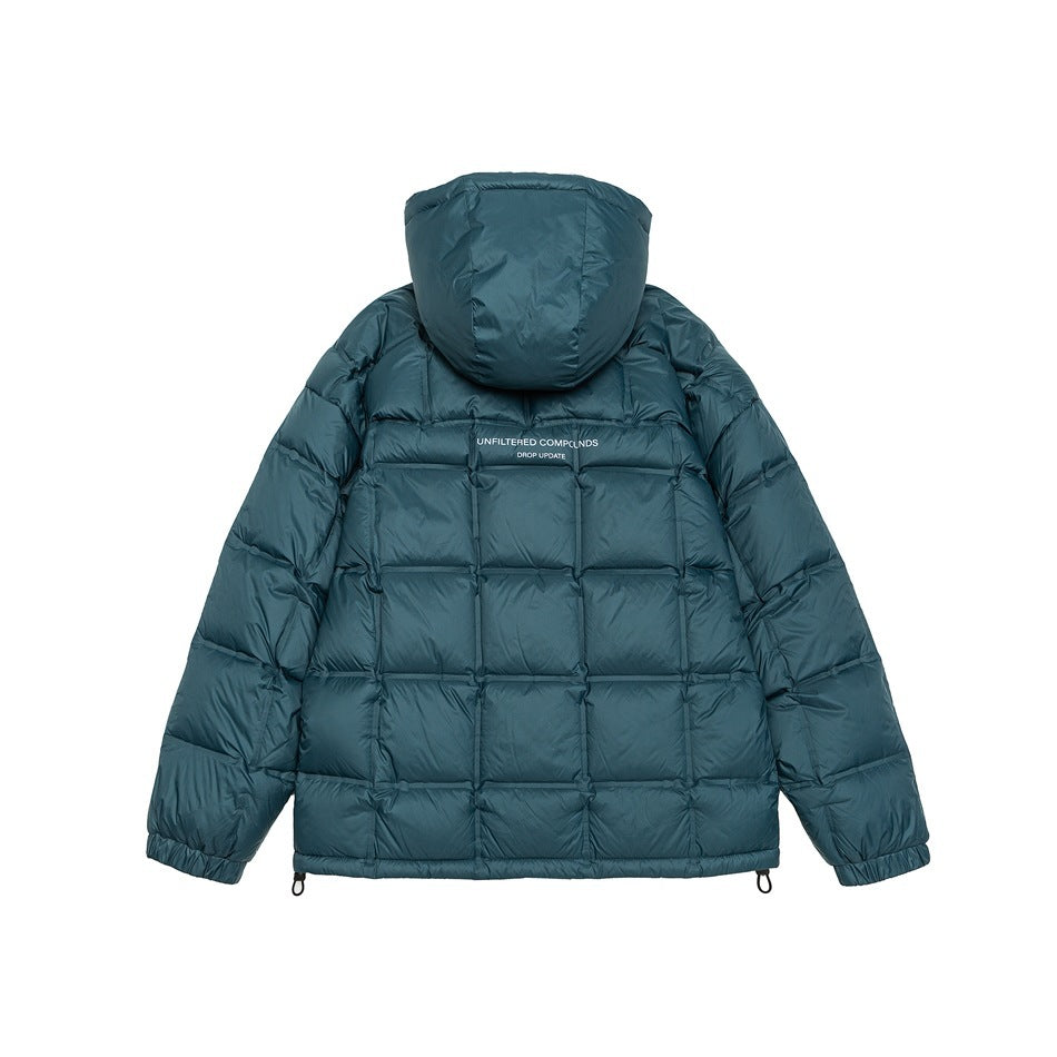Back view of a teal hooded puffer jacket with square quilted panels and small white lettering across the upper back.