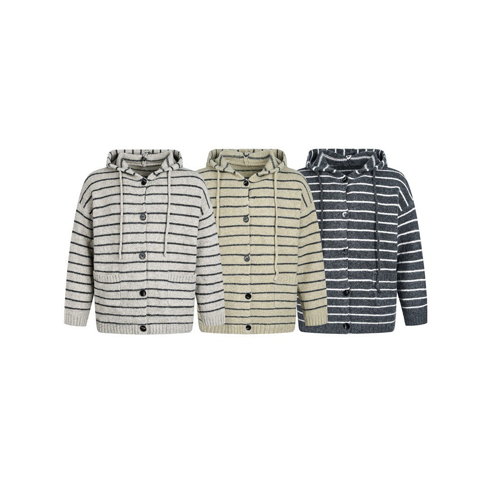 Three striped hooded button-front cardigans shown from the front in light gray, beige and charcoal colorways.