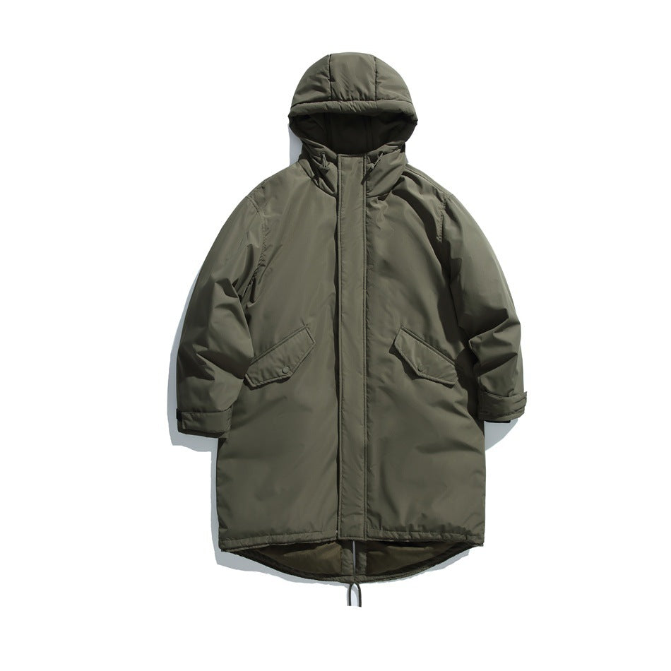 Front view of a dark olive long parka with a hood, covered closure, and two flap pockets.