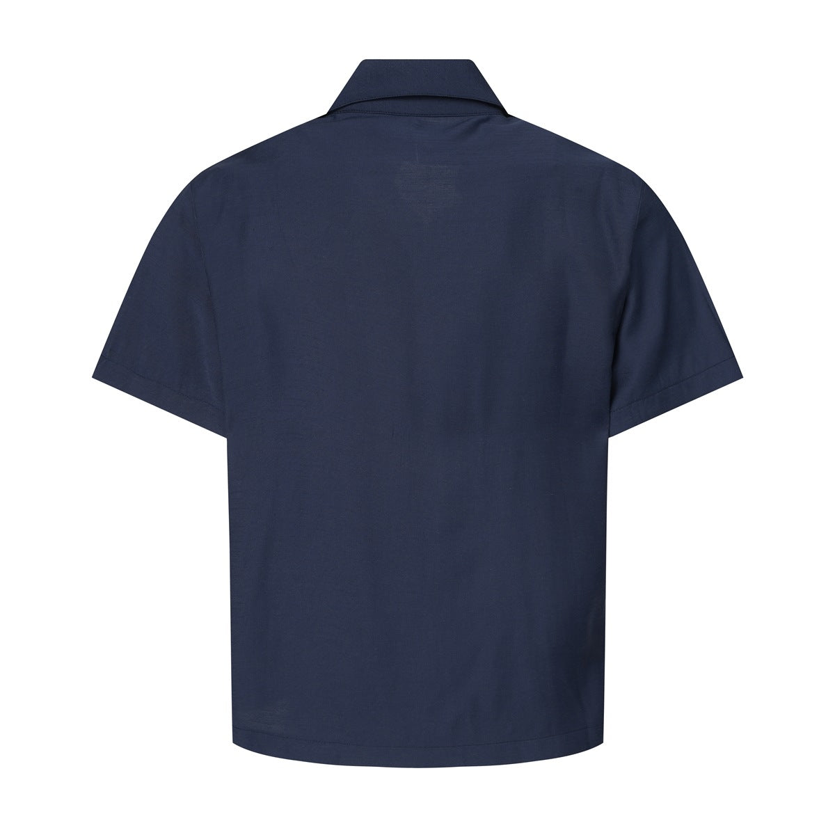 Back view of navy short-sleeve shirt with collar, plain back and short sleeves