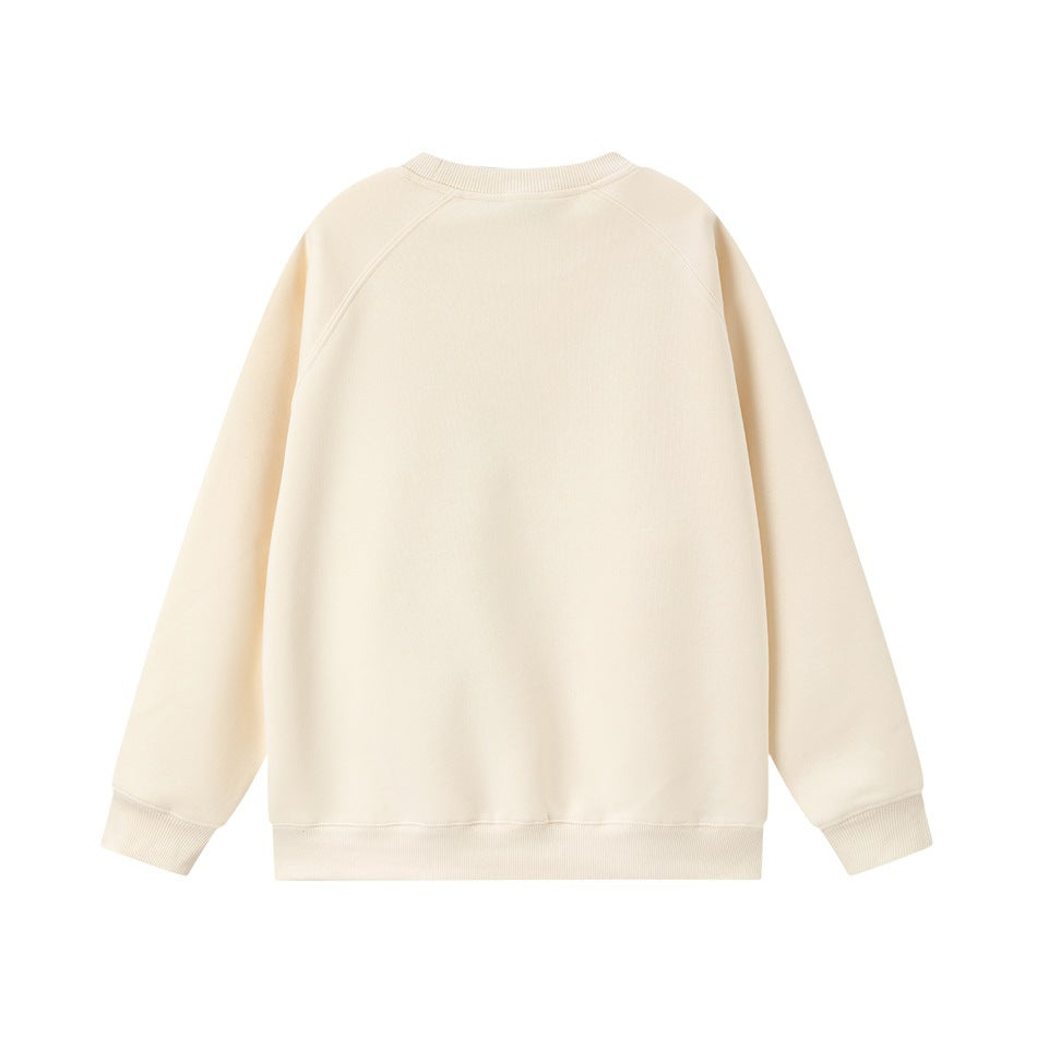 Back view of a plain khaki apricot raglan-sleeve crewneck sweatshirt with ribbed cuffs and hem, flat lay
