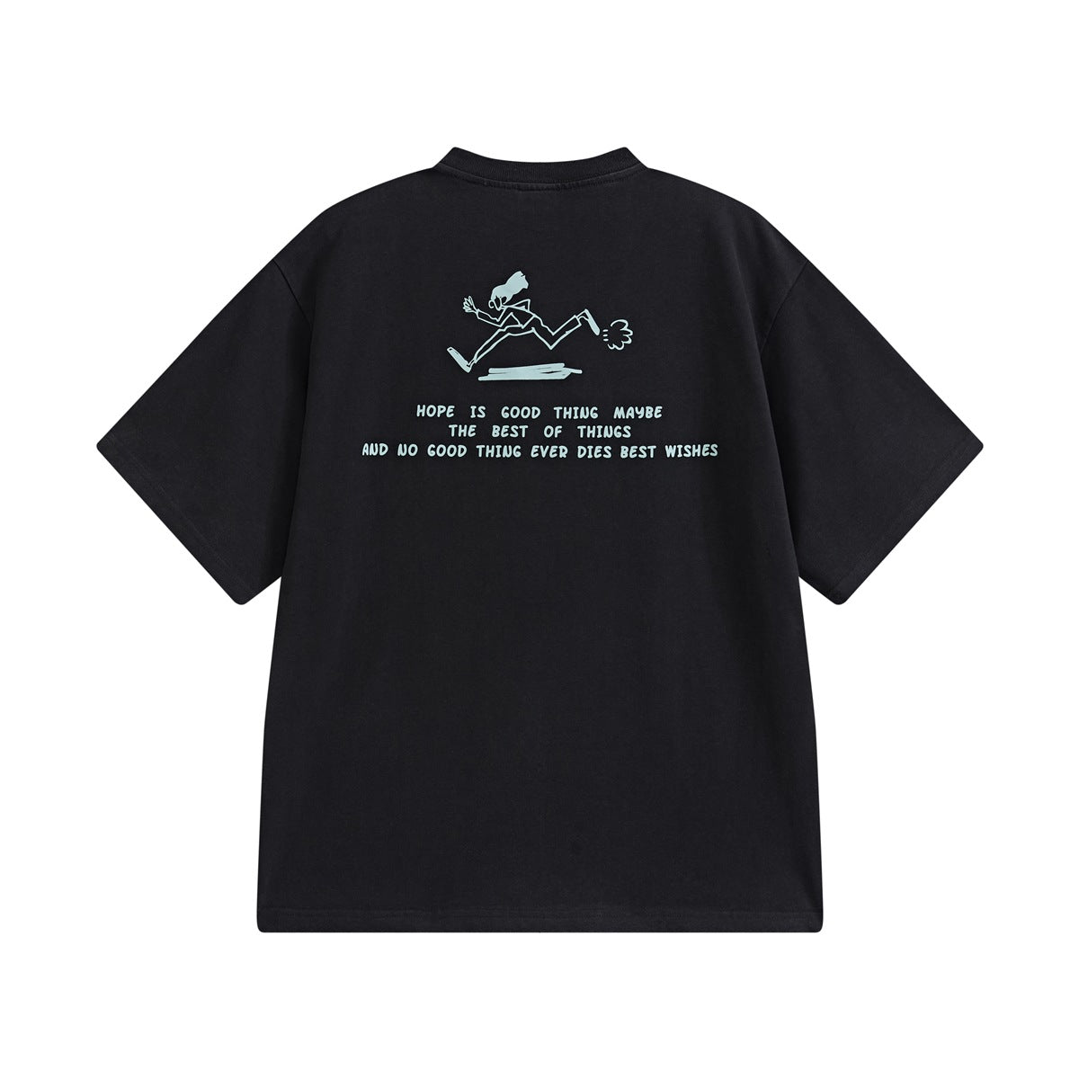 Back view of a black T-shirt with a pale blue running-figure graphic and English text.