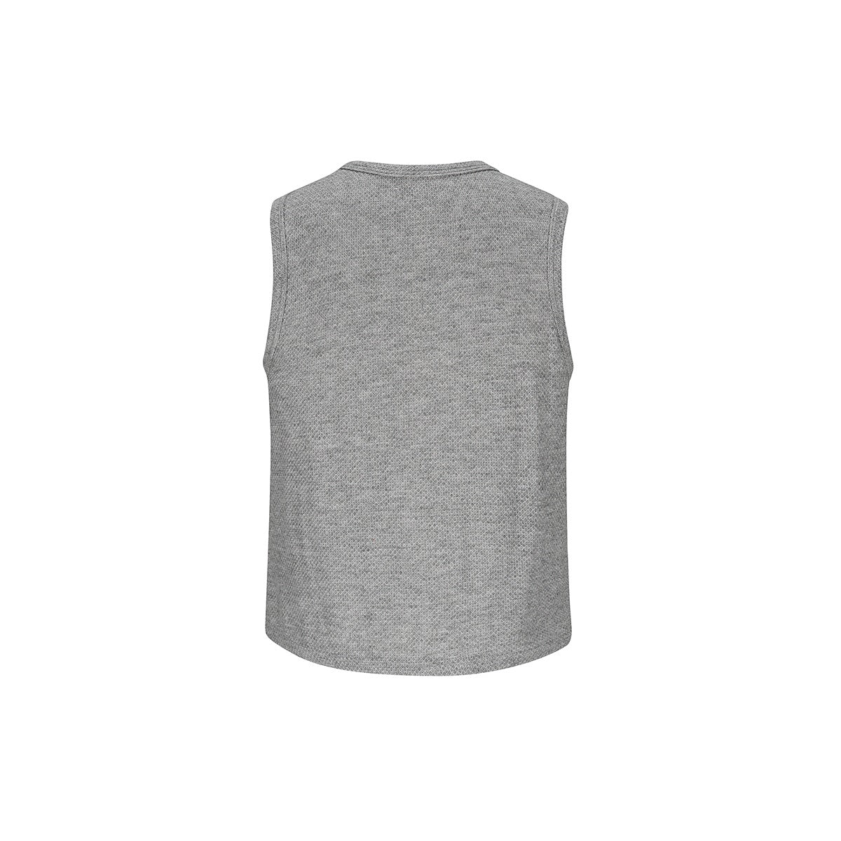 Back view of a plain gray sleeveless top with a subtle textured pattern, shown flat against a white background.