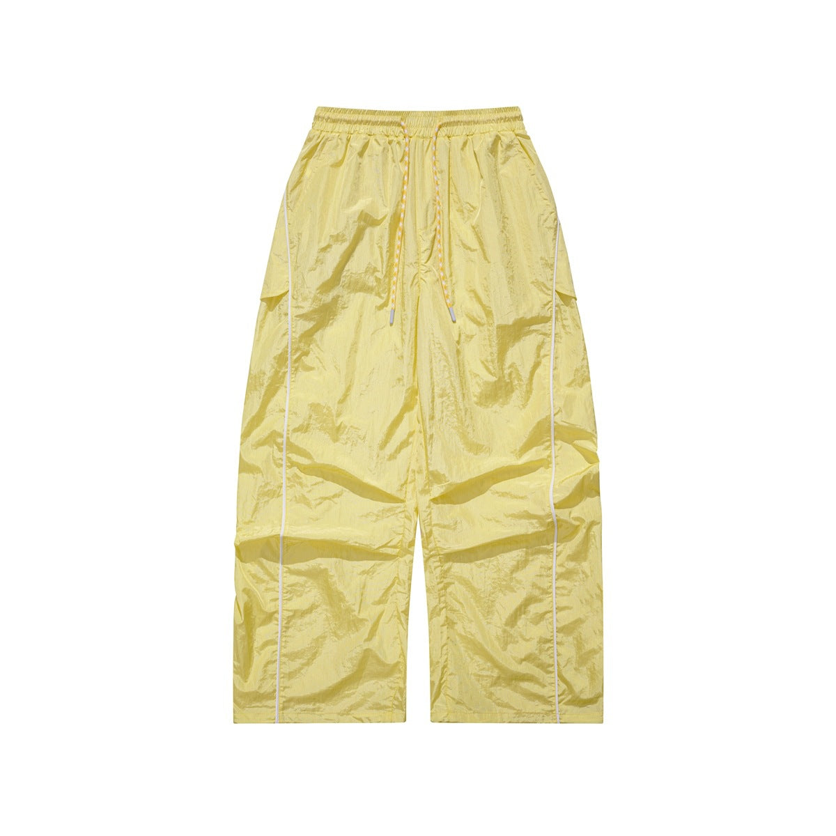 Pale yellow wide-leg parachute pants with drawcord waist, white side piping and a thigh flap pocket, flat front view