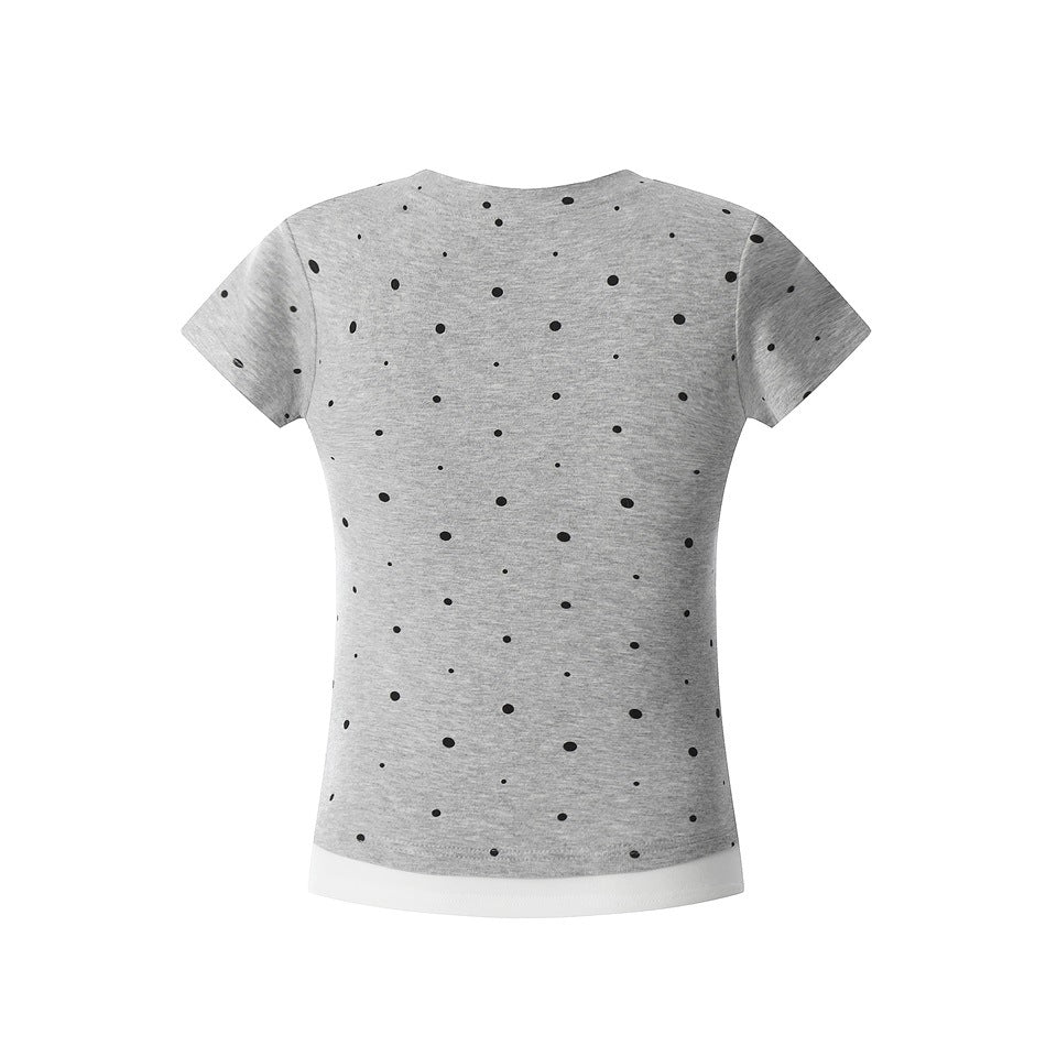 Back view of a gray short-sleeve T-shirt with scattered black dots and a white contrast hem.