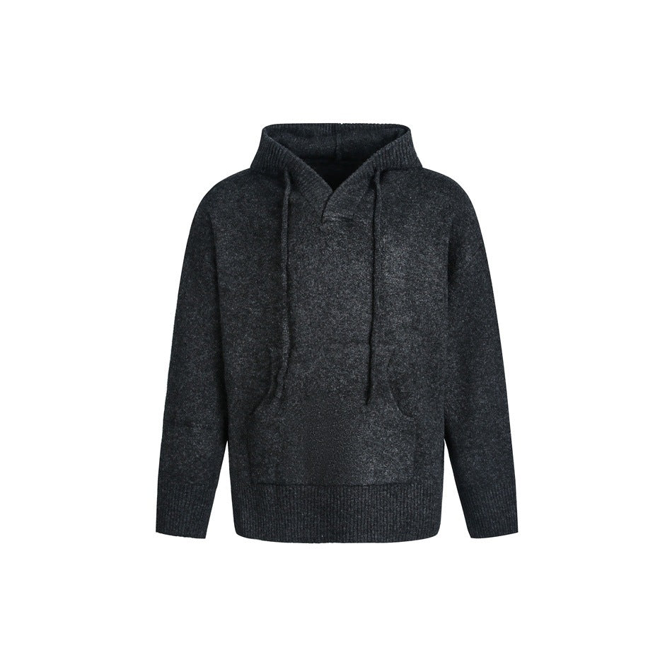Dark charcoal knit pullover hoodie with drawstrings and front pouch pocket, front view