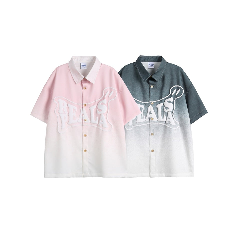 Two short-sleeve button-up shirts shown together: pink fading to white and charcoal fading to white, both with raised