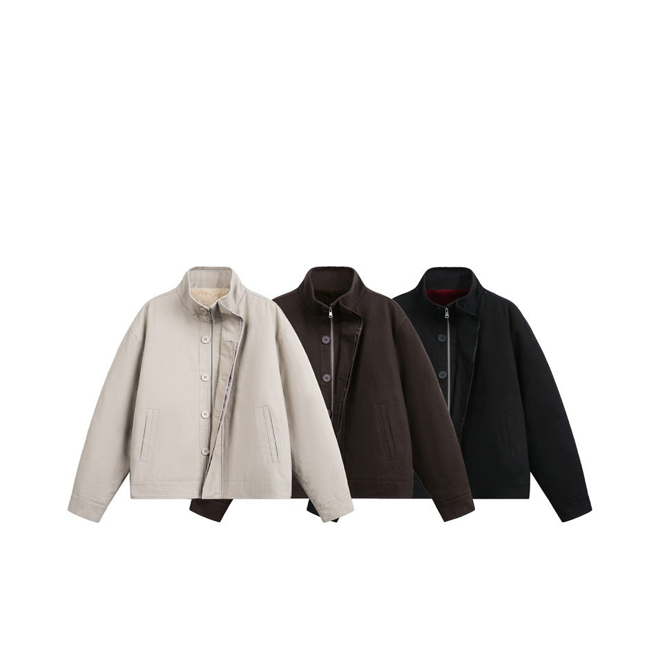 Three stand-collar jackets shown together in light beige, dark brown and black.