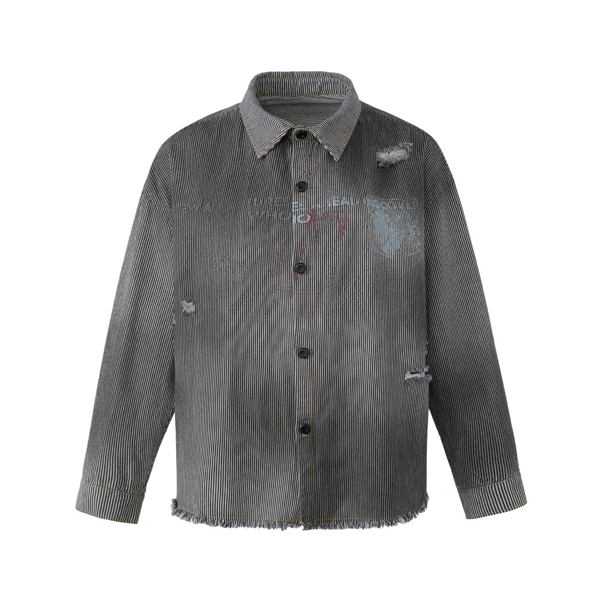 Front view of a charcoal pinstriped button-up shirt jacket with distressed details, a faded chest graphic, and a frayed hem.