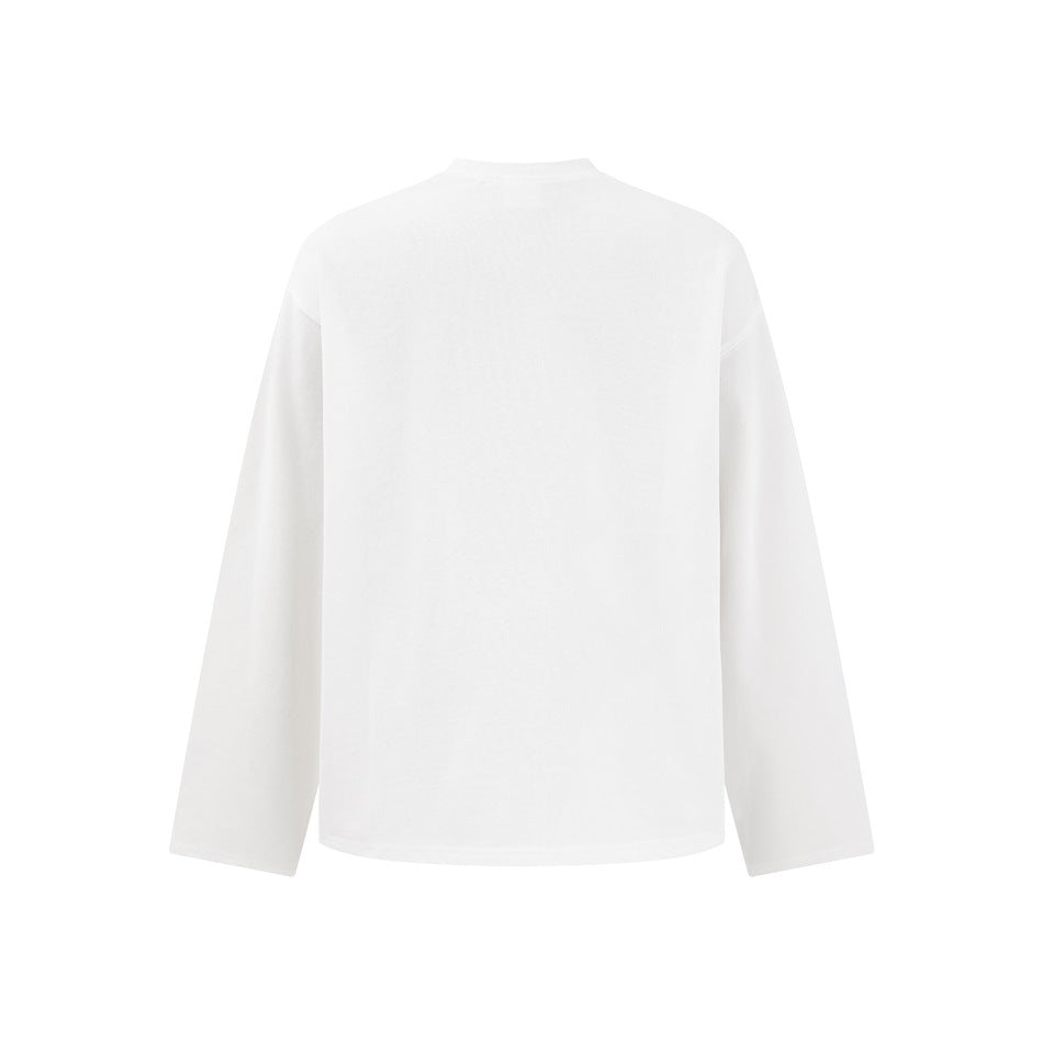 Back view of a plain white long-sleeve crewneck shirt.