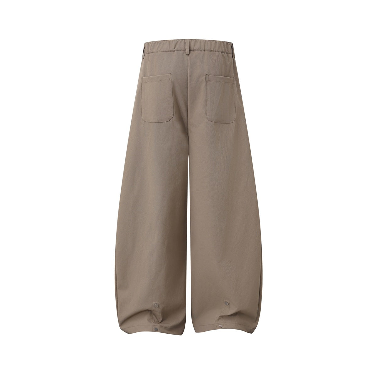 Back view of khaki wide-leg pants with two patch pockets and snap tabs at the hems