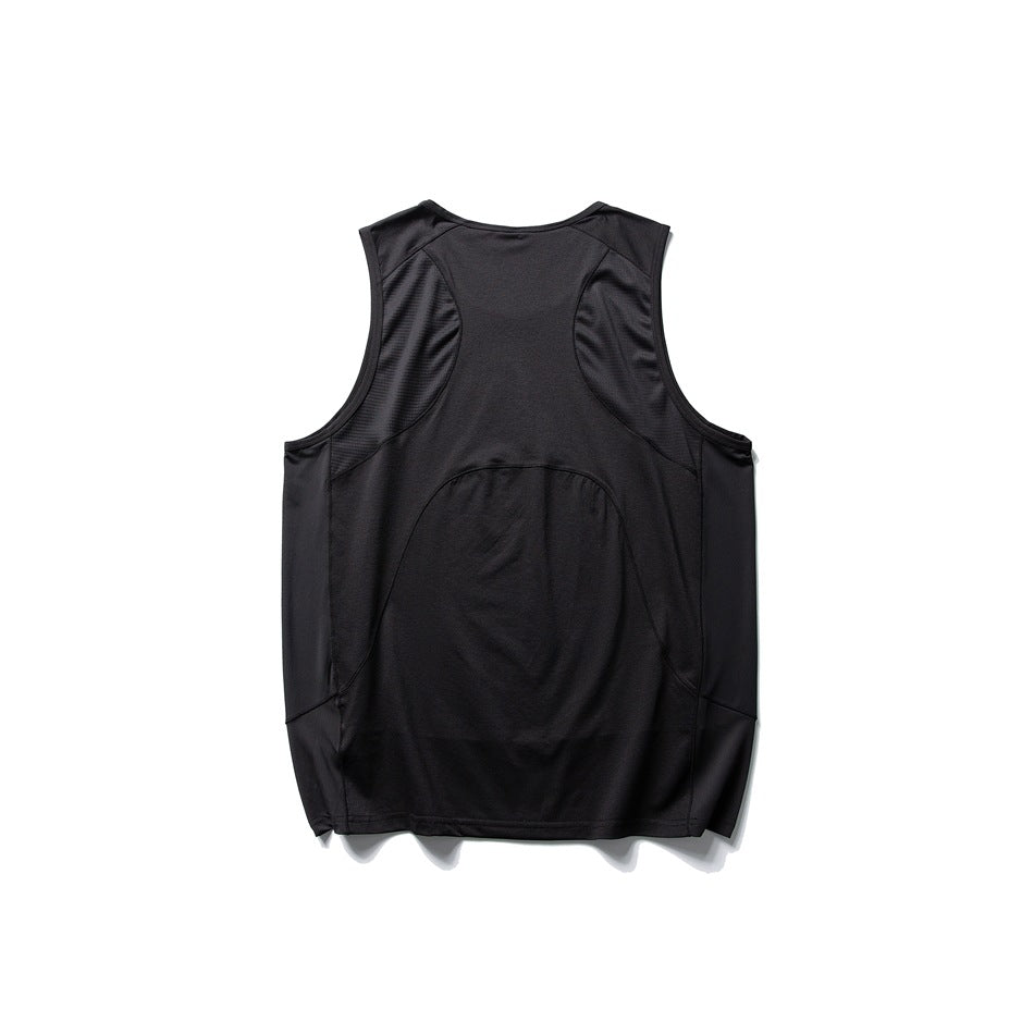 Back view of a black sleeveless top with tonal mesh panels and curved seam detailing.