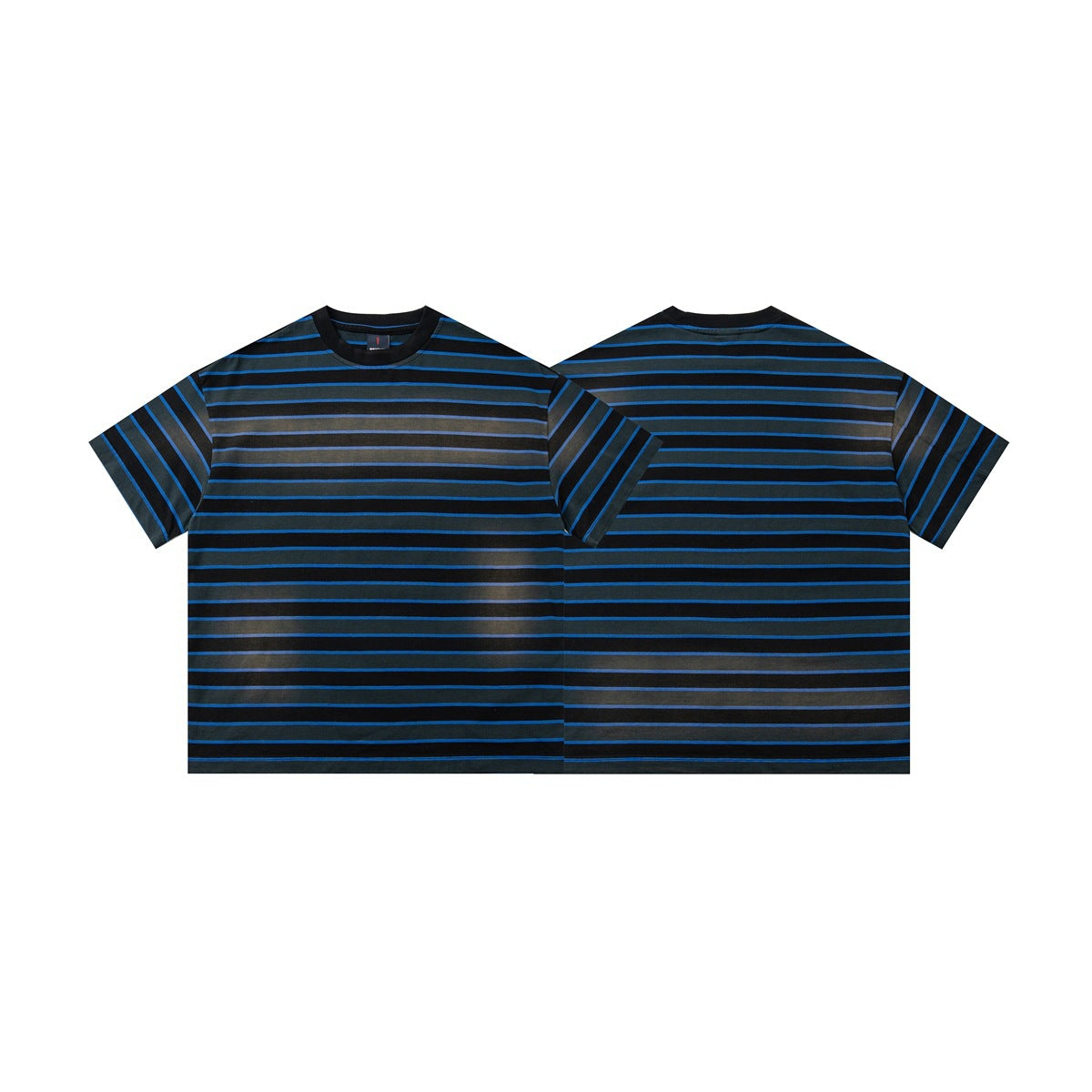 Front and back flat views of a short-sleeve crew-neck T-shirt with black, charcoal, and bright blue horizontal stripes.