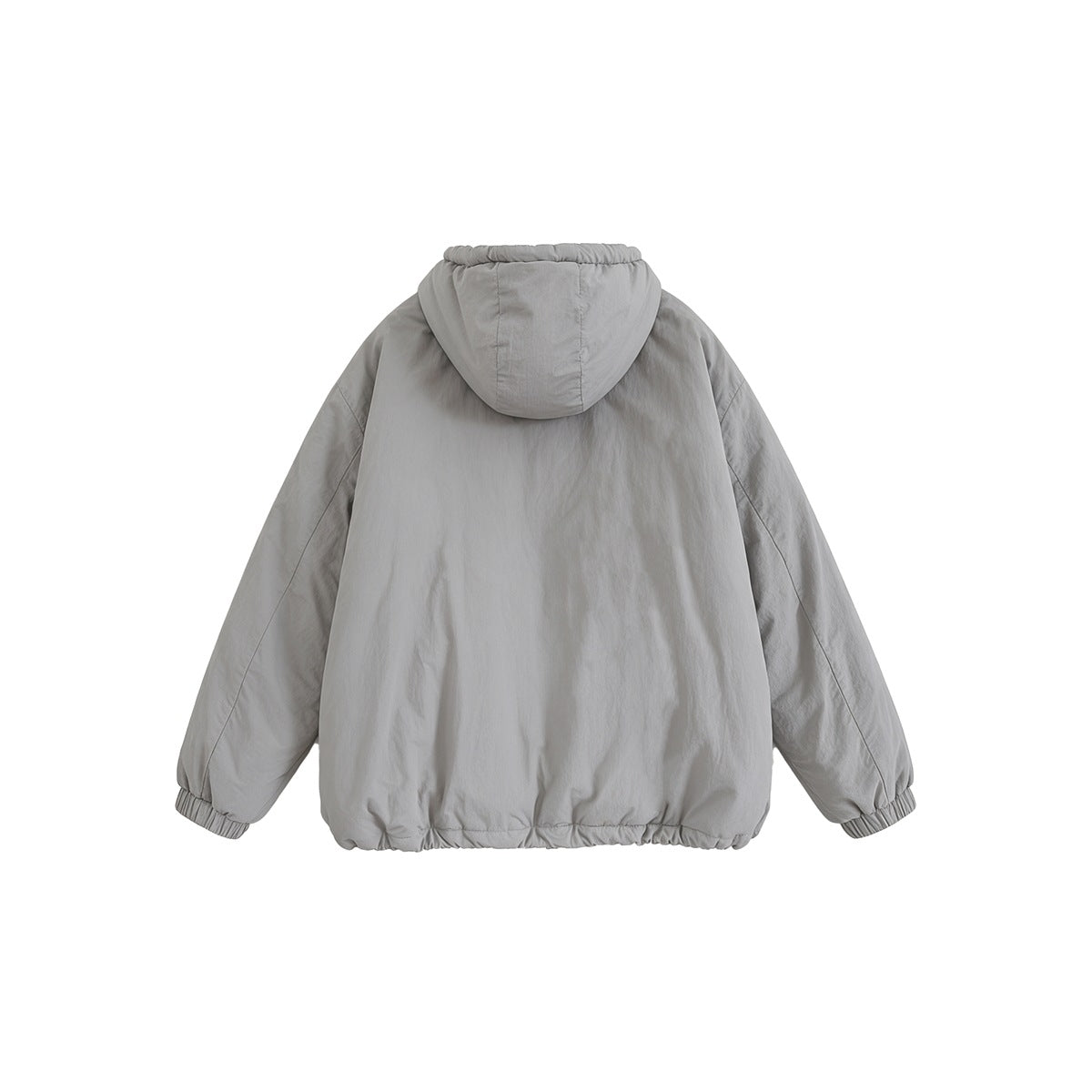 Back view of a light gray hooded jacket laid flat, with raglan sleeves, elastic cuffs and a gathered hem.